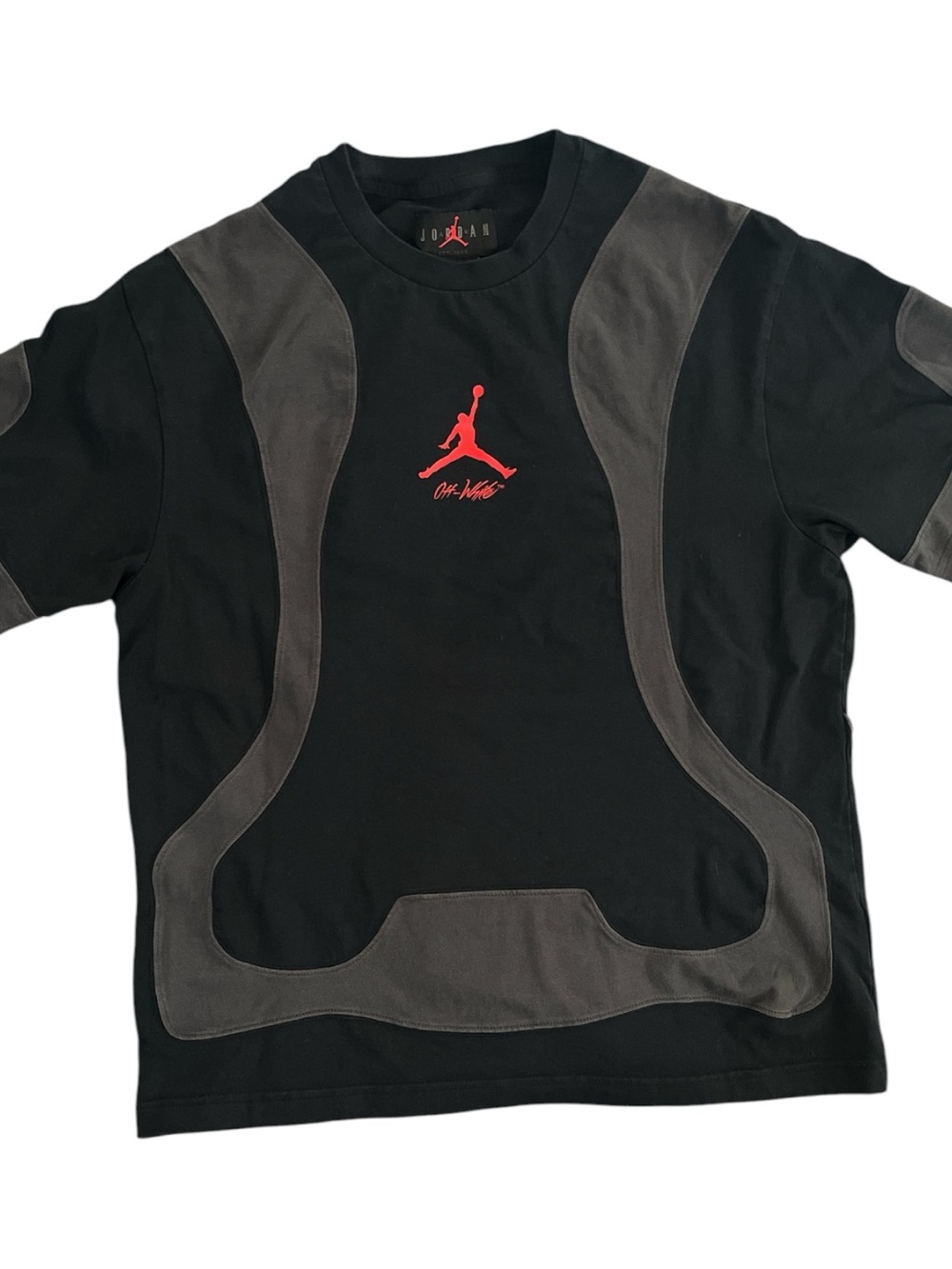 OFF WHITE x Jordan Adult Mens M Black Tee with Gray Accents and Red Jumpman Logo